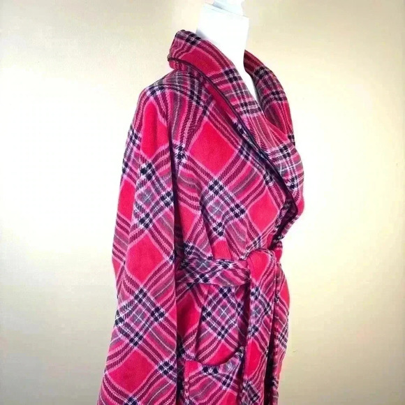 Victoria”s Secret Lipstick Red/Pink Plaid Fuzzy Soft Fleece Mini Robe Size M/L - Picture 4 of 13